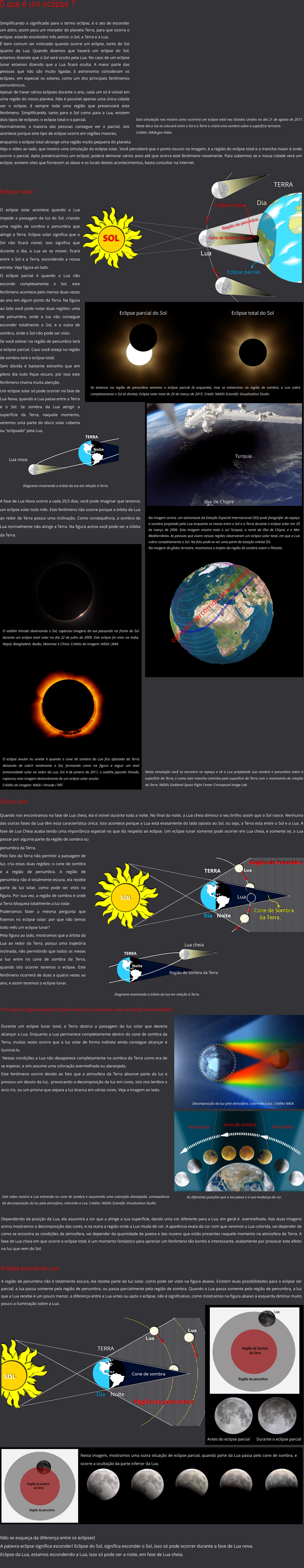 Não se esqueça da diferença entre os eclipses! A palavra eclipse significa esconder! Eclipse do Sol, significa esconder o Sol, isso só pode ocorrer durante a fase de Lua nova. Eclipse da Lua, estamos escondendo a Lua, isso só pode ser a noite, em fase de Lua cheia. O que é um eclipse ? Esta simulação nos mostra como ocorrerá um eclipse total nos Estados Unidos no dia 21 de agosto de 2017. Neste dia a lua se colocará entre o Sol e a Terra e criará uma sombra sobre a superfície terrestre.  Crédito: NASA.gov Video Simplificando o significado para o termo eclipse, é o ato de esconder um astro, assim para um morador do planeta Terra, para que ocorra o eclipse, estarão envolvidos três astros: o Sol, a Terra e a Lua.  É bem comum ser noticiado quando ocorre um eclipse, tanto do Sol quanto da Lua. Quando dizemos que haverá um eclipse do Sol, estamos dizendo que o Sol será oculto pela Lua. No caso de um eclipse lunar estamos dizendo que a Lua ficará oculta. A maior parte das pessoas que não são muito ligadas à astronomia consideram os eclipses, em especial os solares, como um dos principais fenômenos astronômicos. Apesar de haver vários eclipses durante o ano, cada um só é visível em uma região do nosso planeta. Não é possível apenas uma única cidade ver o eclipse, é sempre toda uma região que presenciará este fenômeno. Simplificando, tanto para o Sol como para a Lua, existem dois tipos de eclipses: o eclipse total e o parcial.  Normalmente, a maioria das pessoas consegue ver o parcial, isto acontece porque este tipo de eclipse ocorre em regiões maiores,     enquanto o eclipse total abrange uma região muito pequena do planeta. Veja o vídeo ao lado, que mostra uma simulação do eclipse solar. Você perceberá que o ponto escuro na imagem, é a região do eclipse total e a mancha maior é onde ocorre o parcial. Após presenciarmos um eclipse, poderá demorar vários anos até que ocorra este fenômeno novamente. Para sabermos se a nossa cidade verá um eclipse, existem sites que fornecem as datas e os locais destes acontecimentos, basta consultar na internet. O eclipse anular ou anelar é quando o cone de sombra da Lua fica afastado da Terra deixando de cobrir totalmente o Sol, formando como na figura a seguir um anel luminosidade solar ao redor da Lua. Em 4 de janeiro de 2011, o satélite japonês Hinode, capturou esta imagem deslumbrante de um eclipse solar anular.   Crédito de imagem: NASA / Hinode / XRT O satélite Hinode observando o Sol, capturou imagens da lua passando na frente do Sol durante um eclipse total solar no dia 22 de julho de 2009. Este eclipse foi visto na India, Nepal, Bangladesh, Butão, Mianmar e China. Crédito de imagem: NASA / JAXA Se estamos na região de penumbra veremos o eclipse parcial (à esquerda), mas se estivermos na região de sombra, a Lua cobre completamente o Sol (à direita). Eclipse solar total de 20 de março de 2015. Credit: NASA's Scientific Visualization Studio Eclipse parcial do Sol Eclipse total do Sol Eclipse solar A fase de Lua Nova ocorre a cada 29,5 dias, você pode imaginar que teremos um eclipse solar todo mês. Este fenômeno não ocorre porque a órbita da Lua ao redor da Terra possui uma inclinação. Como consequência, a sombra da Lua normalmente não atinge a Terra. Na figura acima você pode ver a órbita da Terra.   caminho percorrido pela sombra  Um eclipse solar só pode ocorrer na fase de Lua Nova, quando a Lua passa entre a Terra e o Sol. Se sombra da Lua atingir a superfície da Terra, naquele momento, veremos uma parte do disco solar coberta ou "eclipsado" pela Lua.  Lua nova Diagrama mostrando a órbita da lua em relação à Terra. Na imagem acima, um astronauta da Estação Espacial Internacional (ISS) pode fotografar do espaço a sombra projetada pela Lua enquanto se movia entre o Sol e a Terra durante o eclipse solar em 29 de março de 2006. Esta imagem mostra todo o sul Turquia, o norte da ilha de Chipre, e o Mar Mediterrâneo. As pessoas que vivem nessas regiões observaram um eclipse solar total, em que a Lua cobre completamente o Sol. Na foto pode-se ver uma parte da estação orbital ISS.  Na imagem do globo terrestre, mostramos o trajeto da região de sombra sobre o Planeta.  Nesta simulação você se encontra no espaço e vê a Lua projetando sua sombra e penumbra sobre a superfície da Terra, e como esta mancha caminha pela superfície da Terra com o movimento de rotação da Terra. NASA's Goddard Space Flight Center Conceptual Image Lab  O eclipse solar acontece quando a Lua impede a passagem da luz do Sol, criando uma região de sombra e penumbra que atinge a Terra. Eclipse solar significa que o Sol não ficará visível, isso significa que durante o dia, a Lua ao se mover, ficará entre o Sol e a Terra, escondendo a nossa estrela. Veja figura ao lado. O eclipse parcial é quando a Lua não esconde completamente o Sol, este fenômeno acontece pelo menos duas vezes ao ano em algum ponto da Terra. Na figura ao lado você pode notar duas regiões: uma de penumbra, onde a lua não consegue esconder totalmente o Sol, e a outra de sombra, onde o Sol não pode ser visto. Se você estiver na região de penumbra terá o eclipse parcial. Caso você esteja na região de sombra terá o eclipse total. Sem dúvida é bastante estranho que em pleno dia tudo fique escuro, por isso este fenômeno chama muita atenção. cone de sombra Penumbra As diferentes posições que a lua passa e a sua mudança de cor. Durante um eclipse lunar total, a Terra obstrui a passagem da luz solar que deveria alcançar a Lua. Enquanto a Lua permanece completamente dentro do cone de sombra da Terra, muitas vezes ocorre que a luz solar de forma indireta ainda consegue alcançar e iluminá-lo.  Nestas condições a Lua não desaparece completamente na sombra da Terra como era de se esperar, e sim assume uma coloração avermelhada ou alaranjada.  Este fenômeno ocorre devido ao fato que a atmosfera da Terra absorve parte da luz e provoca um desvio da luz,  provocando a decomposição da luz em cores, isto nos lembra o  arco iris, ou um prisma que separa a luz branca em várias cores. Veja a imagem ao lado. Por que em alguns eclipses totais lunares a Lua possui uma coloração avermelhada?  Este video mostra a Lua entrando no cone de sombra e assumindo uma coloração alaranjada, consequência da decomposição da luz pela atmosfera, colorindo a Lua. Crédito: NASA's Scientific Visualization Studio Penumbra Eclipse parcial da Lua Região de penumbra A região de penumbra não é totalmente escura, ela recebe parte da luz solar, como pode ser visto na figura abaixo. Existem duas possibilidades para o eclipse ser parcial: a lua passa somente pela região de penumbra, ou passa parcialmente pela região de sombra. Quando a Lua passa somente pela região de penumbra, a luz que a Lua recebe é um pouco menor, a diferença entre a Lua antes ou após o eclipse, não é significativo, como mostramos na figura abaixo à esquerda diminui muito pouco a iluminação sobre a Lua.    Antes do eclipse parcial Durante o eclipse parcial Nesta imagem, mostramos uma outra situação de eclipse parcial, quando parte da Lua passa pelo cone de sombra, e ocorre a ocultação da parte inferior da Lua. Decomposição da luz pela atmosfera, colorindo a lua. Crédito NASA Quando nos encontramos na fase de Lua cheia, ela é visível durante toda a noite. No final da noite, a Lua cheia diminui o seu brilho assim que o Sol nasce. Nenhuma das outras fases da Lua têm essa característica única. Isso acontece porque a Lua está exatamente do lado oposto ao Sol, ou seja, a Terra esta entre o Sol e a Lua. A fase de Lua Cheia acaba tendo uma importância especial no que diz respeito ao eclipse. Um eclipse lunar somente pode ocorrer em Lua cheia, e somente se, a Lua passar por alguma parte da região de sombra ou   penumbra da Terra. Pelo fato da Terra não permitir a passagem de luz, cria estas duas regiões: o cone de sombra e a região de penumbra. A região de penumbra não é totalmente escura, ela recebe parte da luz solar, como pode ser visto na figura. Por sua vez, a região de sombra é onde a Terra bloqueia totalmente a luz solar. Poderiamos fazer a mesma pergunta que fizemos no eclipse solar: por que não temos todo mês um eclipse lunar? Pela figura ao lado, mostramos que a órbita da Lua ao redor da Terra, possui uma trajetória inclinada, não permitindo que todos os meses a lua entre no cone de sombra da Terra, quando isto ocorrer teremos o eclipse. Este fenômeno ocorrerá de duas a quatro vezes ao ano, e assim teremos o eclipse lunar.   Lua cheia Região de sombra da Terra Diagrama mostrando a órbita da lua em relação à Terra. Eclipse lunar Dependendo da posição da Lua, ela assumirá a cor que a atinge a sua superfície, dando uma cor diferente para a Lua, em geral é  avermelhada. Nas duas imagens acima mostramos a decomposição das cores, e na outra a região onde a Lua muda de cor. A aparência exata da cor com que veremos a Lua colorida, vai depender de como se encontra as condições da atmosfera, vai depender da quantidade de poeira e das nuvens que estão presentes naquele momento na atmosfera da Terra. A fase de Lua cheia em que ocorre o eclipse total, é um momento fantástico para apreciar um fenômeno tão bonito e interessante, exatamente por provocar este efeito na luz que vem do Sol.