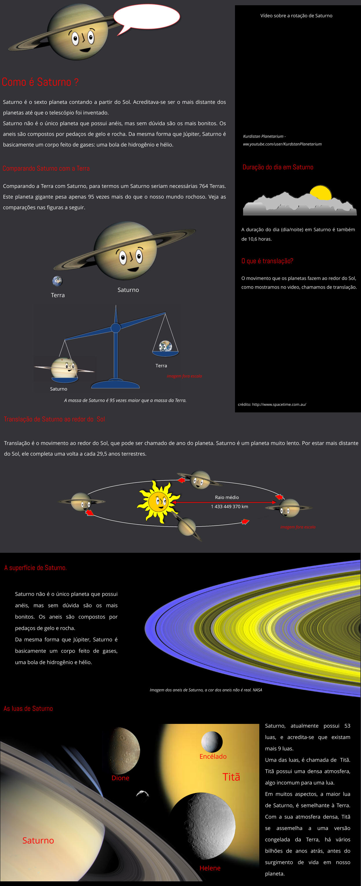 Como é Saturno ? Saturno Comparando Saturno com a Terra Translação de Saturno ao redor do  Sol Kurdistan Planetarium -  ww.youtube.com/user/KurdstanPlanetarium A massa de Saturno é 95 vezes maior que a massa da Terra. Translação é o movimento ao redor do Sol, que pode ser chamado de ano do planeta. Saturno é um planeta muito lento. Por estar mais distante do Sol, ele completa uma volta a cada 29,5 anos terrestres.  As luas de Saturno Saturno, atualmente possui 53 luas, e acredita-se que existam mais 9 luas.  Uma das luas, é chamada de  Titã. Titã possui uma densa atmosfera, algo incomum para uma lua. Em muitos aspectos, a maior lua de Saturno, é semelhante à Terra. Com a sua atmosfera densa, Titã se assemelha a uma versão congelada da Terra, há vários bilhões de anos atrás, antes do surgimento de vida em nosso planeta. Encélado Titã Dione Helene Saturno Saturno é o sexto planeta contando a partir do Sol. Acreditava-se ser o mais distante dos planetas até que o telescópio foi inventado.  Saturno não é o único planeta que possui anéis, mas sem dúvida são os mais bonitos. Os aneis são compostos por pedaços de gelo e rocha. Da mesma forma que Júpiter, Saturno é basicamente um corpo feito de gases: uma bola de hidrogênio e hélio. Saturno não é o único planeta que possui anéis, mas sem dúvida são os mais bonitos. Os aneis são compostos por pedaços de gelo e rocha.  Da mesma forma que Júpiter, Saturno é basicamente um corpo feito de gases, uma bola de hidrogênio e hélio.  Terra Comparando a Terra com Saturno, para termos um Saturno seriam necessárias 764 Terras. Este planeta gigante pesa apenas 95 vezes mais do que o nosso mundo rochoso. Veja as comparações nas figuras a seguir. imagem fora escala A superfície de Saturno. Imagem dos aneis de Saturno, a cor dos aneis não é real. NASA Duração do dia em Saturno A duração do dia (dia/noite) em Saturno é também de 10,6 horas. Vídeo sobre a rotação de Saturno imagem fora escala O que é translação? O movimento que os planetas fazem ao redor do Sol, como mostramos no video, chamamos de translação. crédito: http://www.spacetime.com.au/